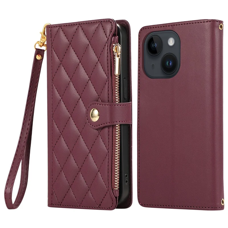 Étui pour iPhone 15 Multicartes à Fermeture Éclair en Cuir Losangé avec Bracelet - Rouge Vin