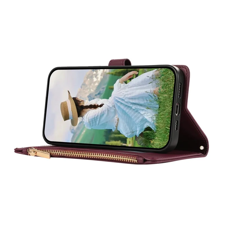 Étui pour iPhone 15 Multicartes à Fermeture Éclair en Cuir Losangé avec Bracelet - Rouge Vin