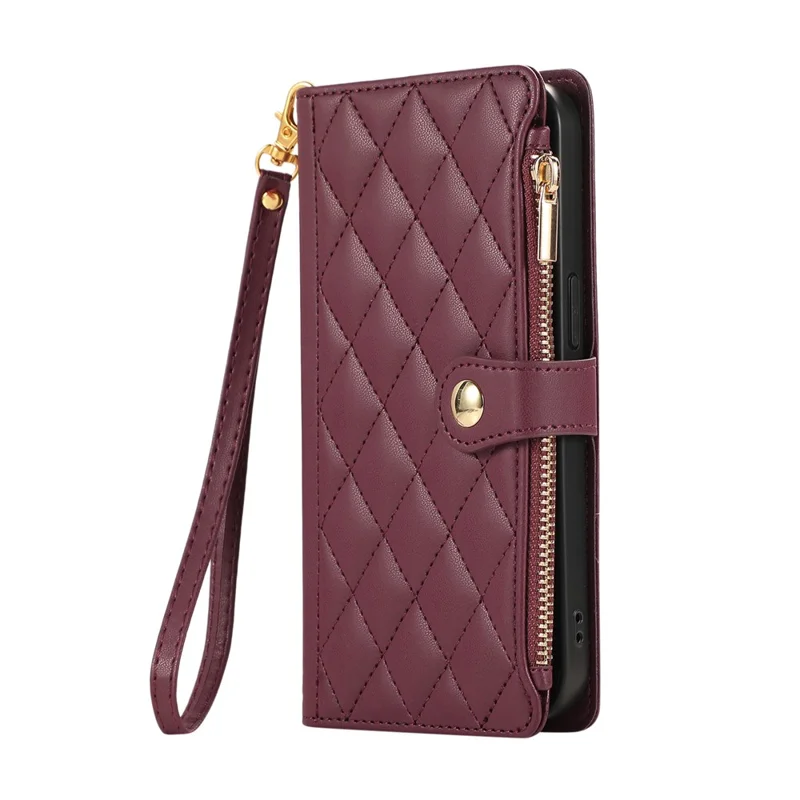 Étui pour iPhone 15 Multicartes à Fermeture Éclair en Cuir Losangé avec Bracelet - Rouge Vin