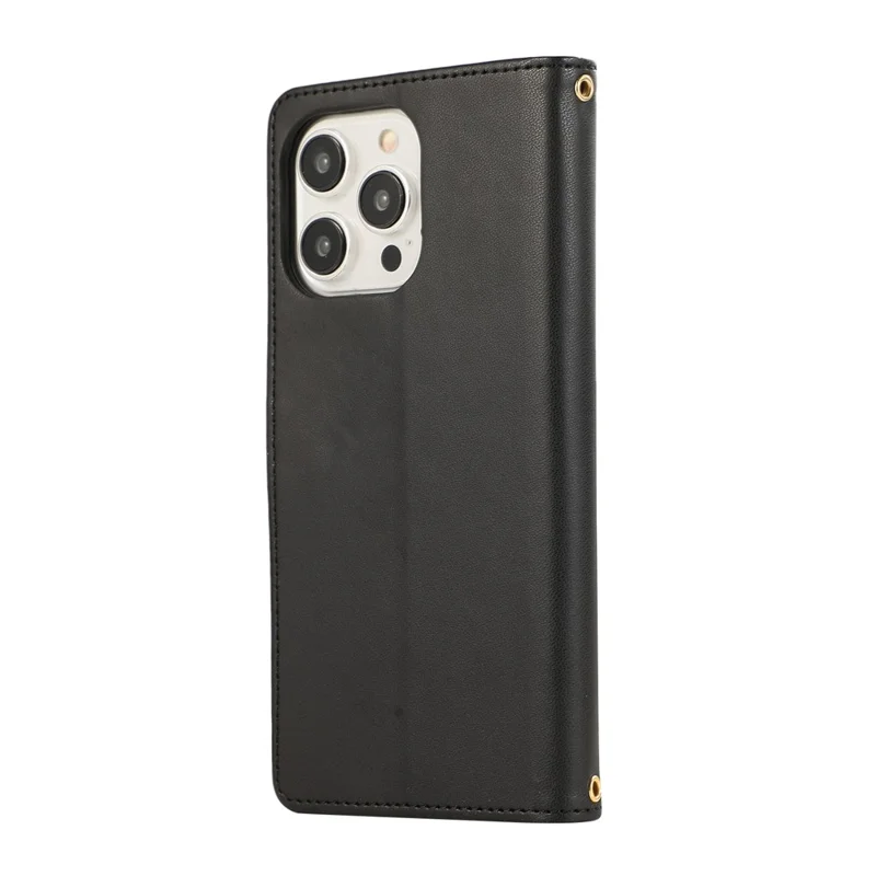 For iPhone 15 Pro Case Multi Card Slots Zipper Rhombus Leather Phone Cover with Wrist Strap - Black