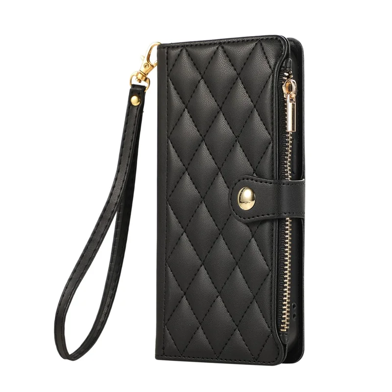 For iPhone 15 Pro Case Multi Card Slots Zipper Rhombus Leather Phone Cover with Wrist Strap - Black