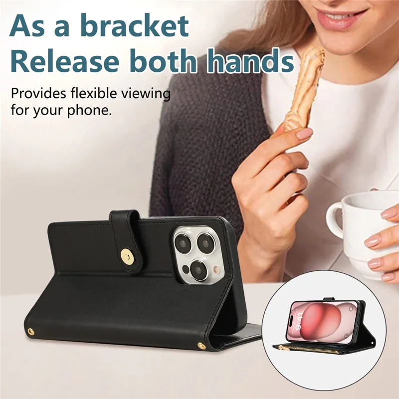 For iPhone 15 Pro Case Multi Card Slots Zipper Rhombus Leather Phone Cover with Wrist Strap - Black