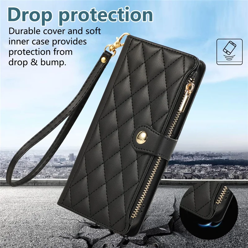 For iPhone 15 Pro Case Multi Card Slots Zipper Rhombus Leather Phone Cover with Wrist Strap - Black