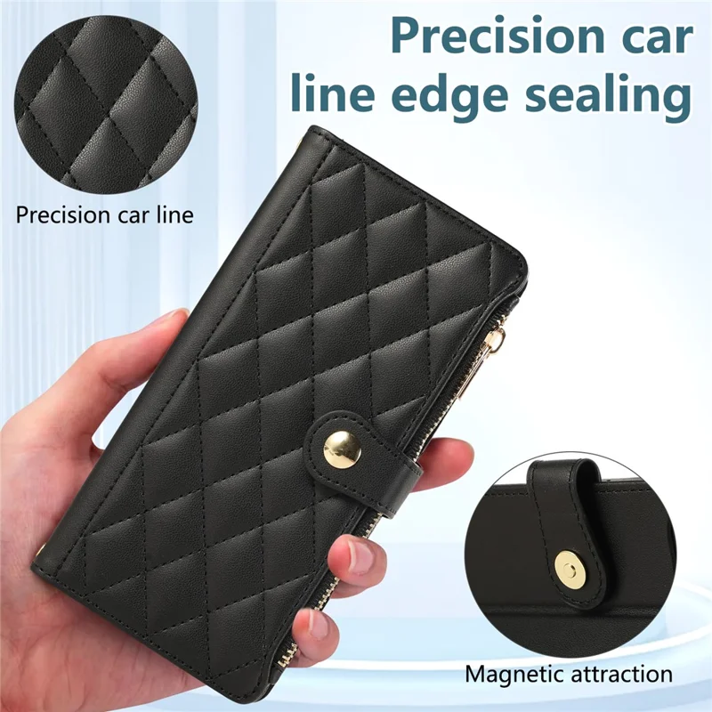 For iPhone 15 Pro Case Multi Card Slots Zipper Rhombus Leather Phone Cover with Wrist Strap - Black