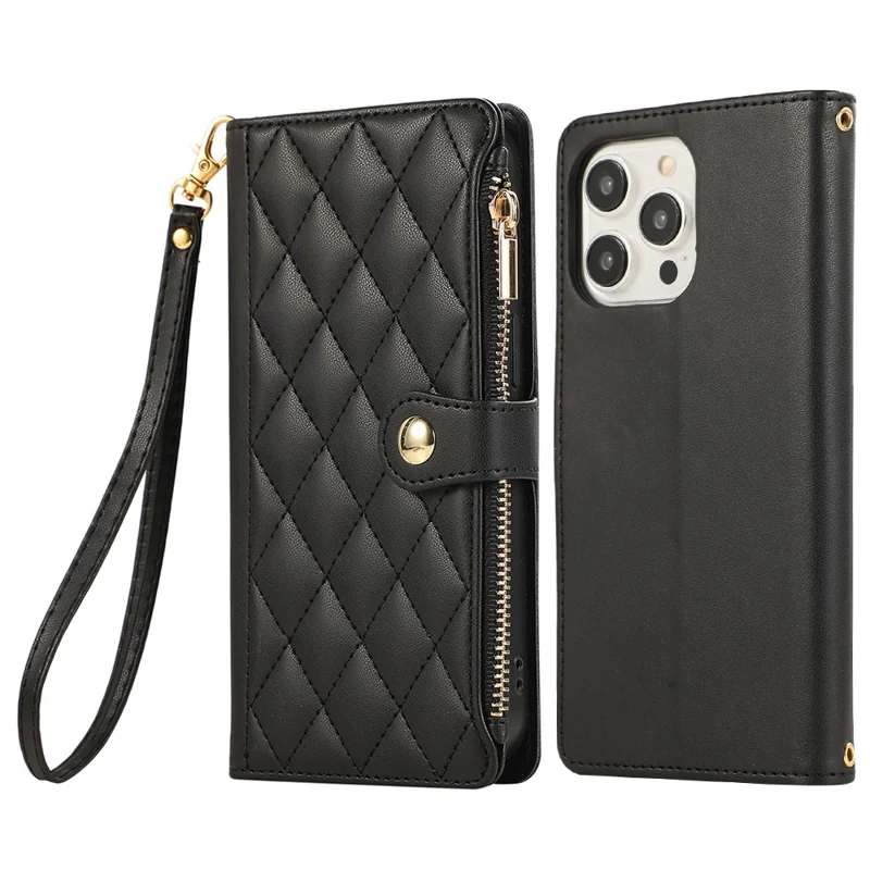 For iPhone 15 Pro Max Case Multi Card Slots Zipper Rhombus Leather Phone Cover with Wrist Strap - Black