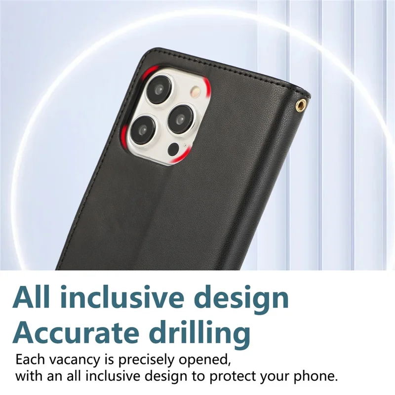 For iPhone 15 Pro Max Case Multi Card Slots Zipper Rhombus Leather Phone Cover with Wrist Strap - Black