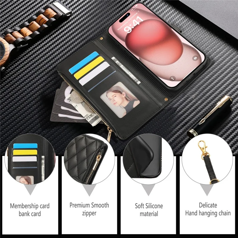 For iPhone 15 Pro Max Case Multi Card Slots Zipper Rhombus Leather Phone Cover with Wrist Strap - Black