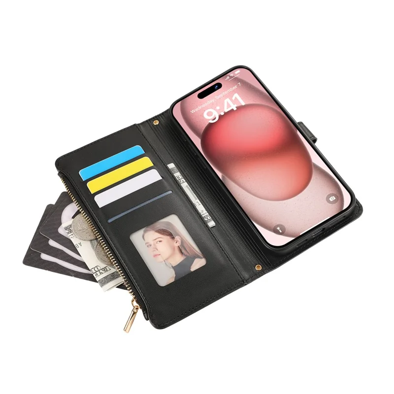 For iPhone 15 Pro Max Case Multi Card Slots Zipper Rhombus Leather Phone Cover with Wrist Strap - Black