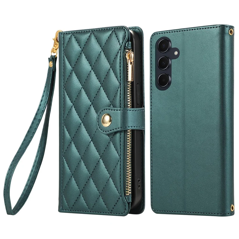 For Samsung Galaxy S25 / S24 Case Multi Card Slots Zipper Rhombus Leather Phone Cover with Wrist Strap - Green