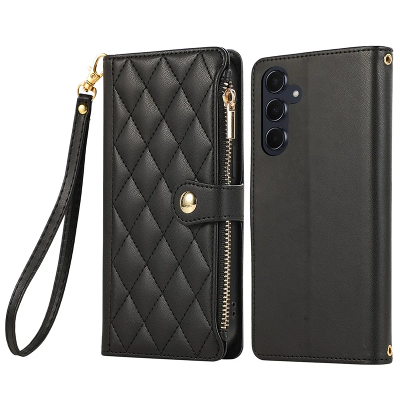 For Samsung Galaxy S25+ / S24+ Case Multi Card Slots Zipper Rhombus Leather Phone Cover with Wrist Strap - Black