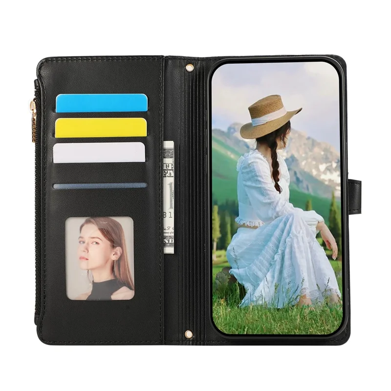 For Samsung Galaxy S25+ / S24+ Case Multi Card Slots Zipper Rhombus Leather Phone Cover with Wrist Strap - Black