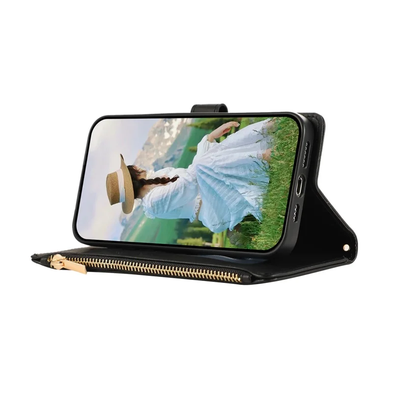 For Samsung Galaxy S25+ / S24+ Case Multi Card Slots Zipper Rhombus Leather Phone Cover with Wrist Strap - Black