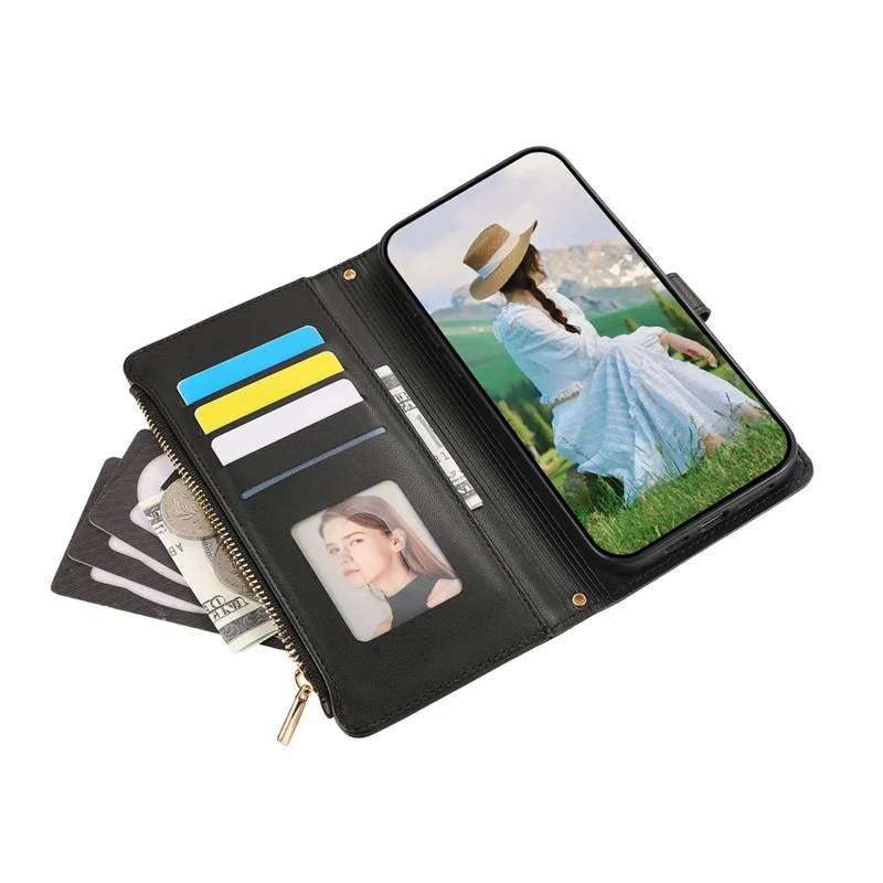 For Samsung Galaxy S25+ / S24+ Case Multi Card Slots Zipper Rhombus Leather Phone Cover with Wrist Strap - Black