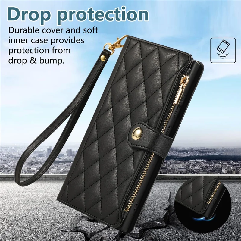Für Samsung Galaxy S24 Ultra Hülle Multi-Kartensteckplätze Reißverschluss Rhombus Leder Handyhülle mit Handschlaufe - Schwarz
