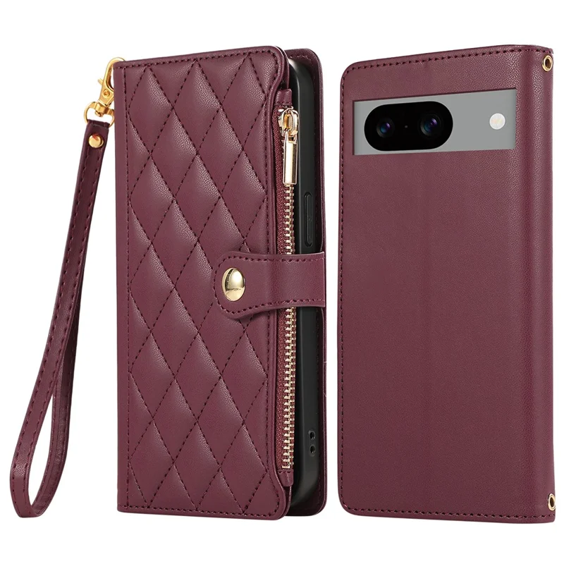 For Google Pixel 8a Case Multi Card Slots Zipper Rhombus Leather Phone Cover with Wrist Strap - Wine Red