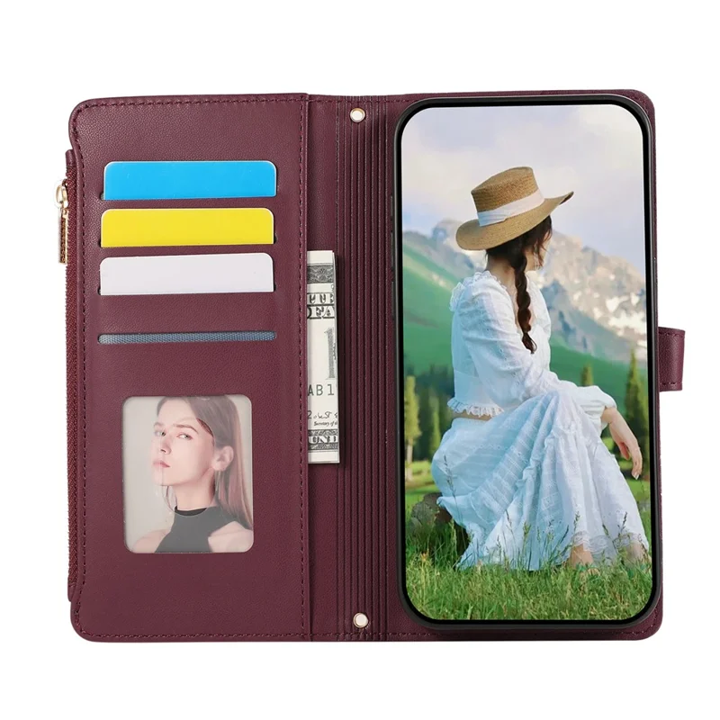 For Google Pixel 8a Case Multi Card Slots Zipper Rhombus Leather Phone Cover with Wrist Strap - Wine Red