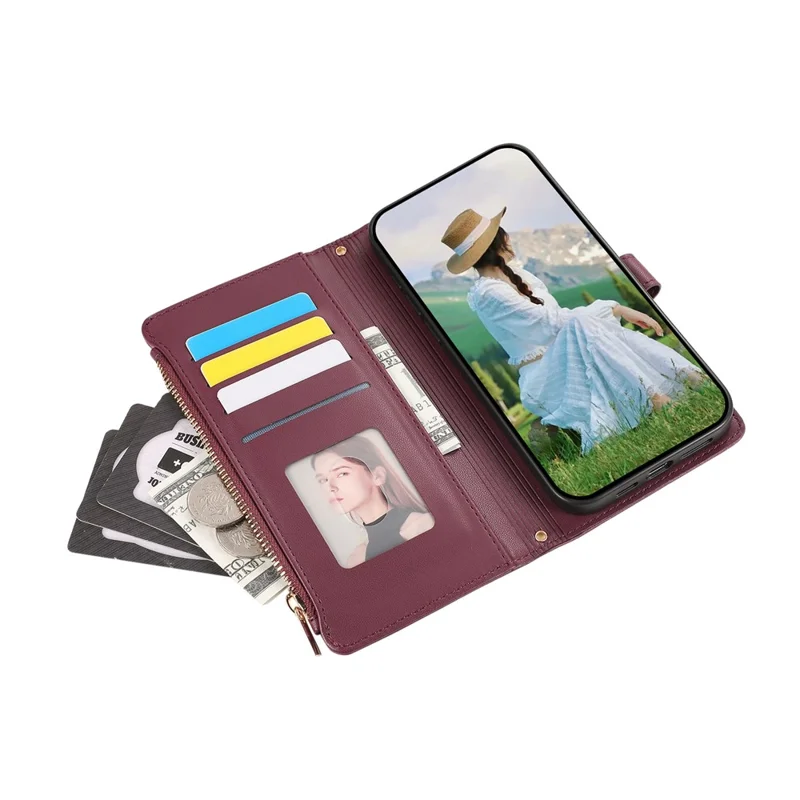 For Google Pixel 8a Case Multi Card Slots Zipper Rhombus Leather Phone Cover with Wrist Strap - Wine Red