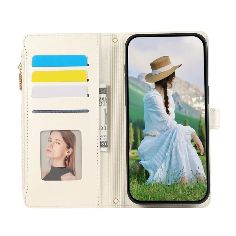 For Google Pixel 8a Case Multi Card Slots Zipper Rhombus Leather Phone Cover with Wrist Strap - Beige