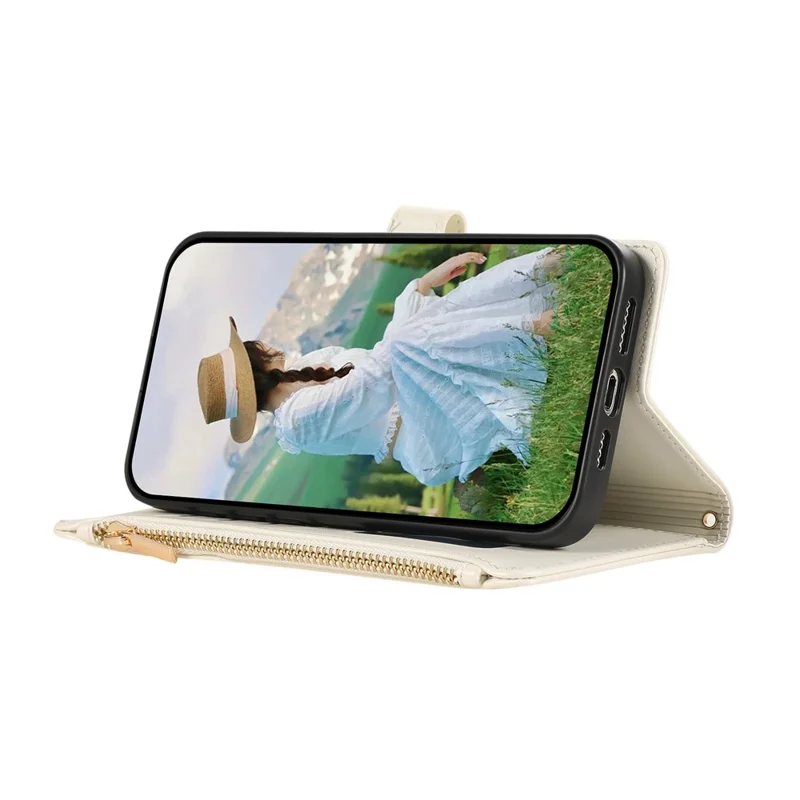For Google Pixel 8a Case Multi Card Slots Zipper Rhombus Leather Phone Cover with Wrist Strap - Beige