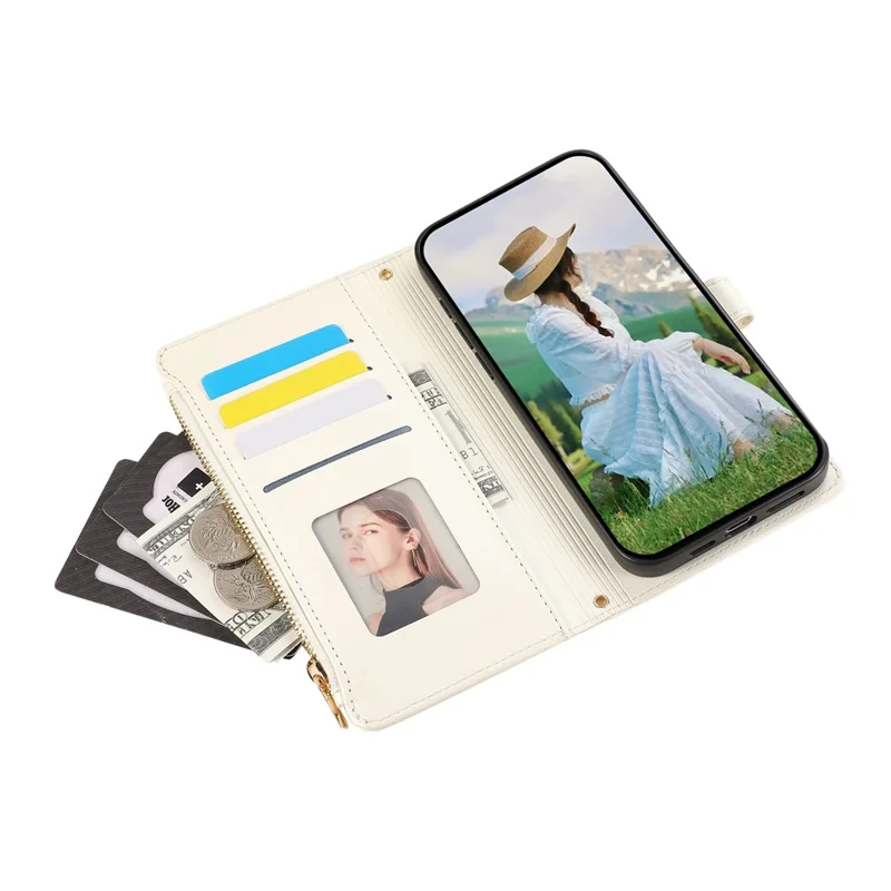 For Google Pixel 8a Case Multi Card Slots Zipper Rhombus Leather Phone Cover with Wrist Strap - Beige