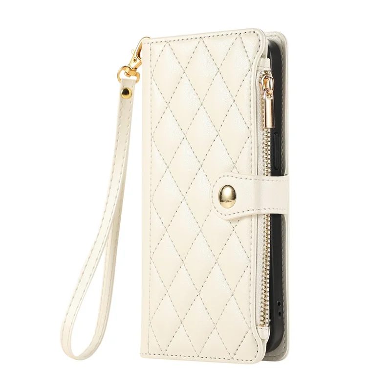 For Google Pixel 8a Case Multi Card Slots Zipper Rhombus Leather Phone Cover with Wrist Strap - Beige