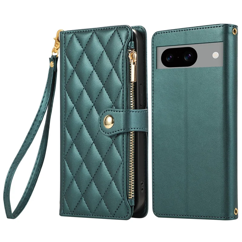 For Google Pixel 8a Case Multi Card Slots Zipper Rhombus Leather Phone Cover with Wrist Strap - Green