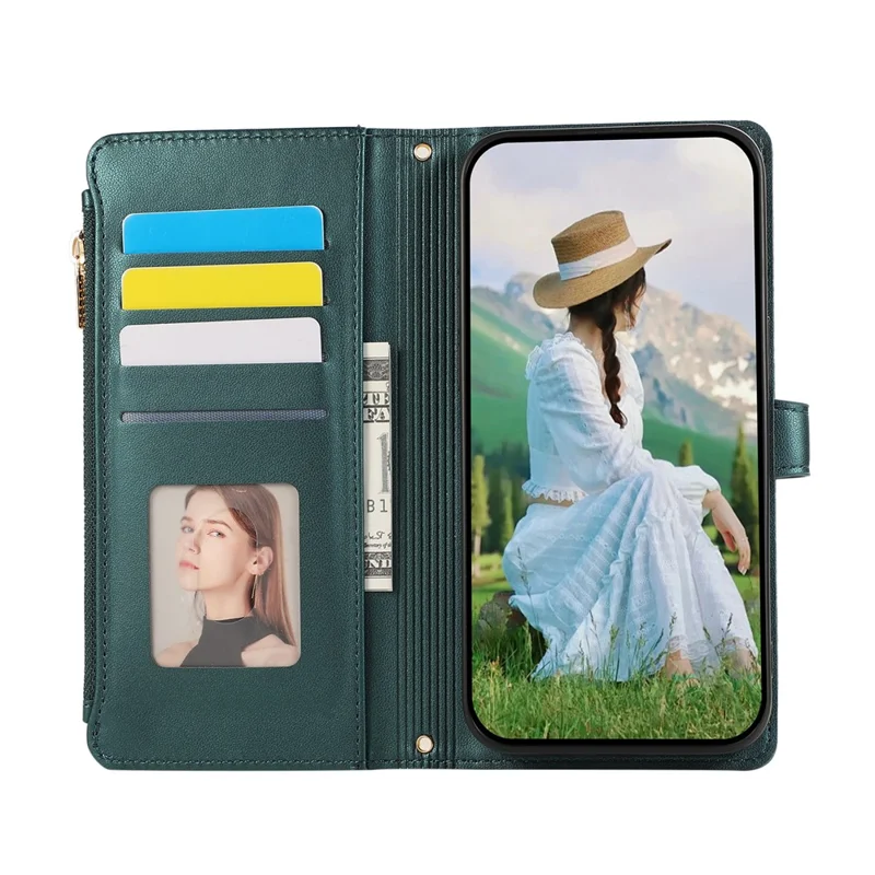 For Google Pixel 8a Case Multi Card Slots Zipper Rhombus Leather Phone Cover with Wrist Strap - Green