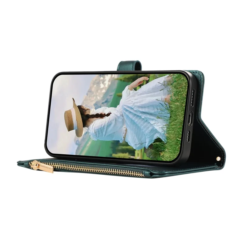 For Google Pixel 8a Case Multi Card Slots Zipper Rhombus Leather Phone Cover with Wrist Strap - Green