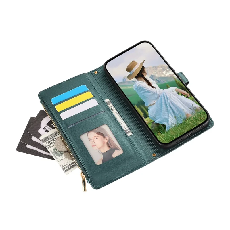 For Google Pixel 8a Case Multi Card Slots Zipper Rhombus Leather Phone Cover with Wrist Strap - Green