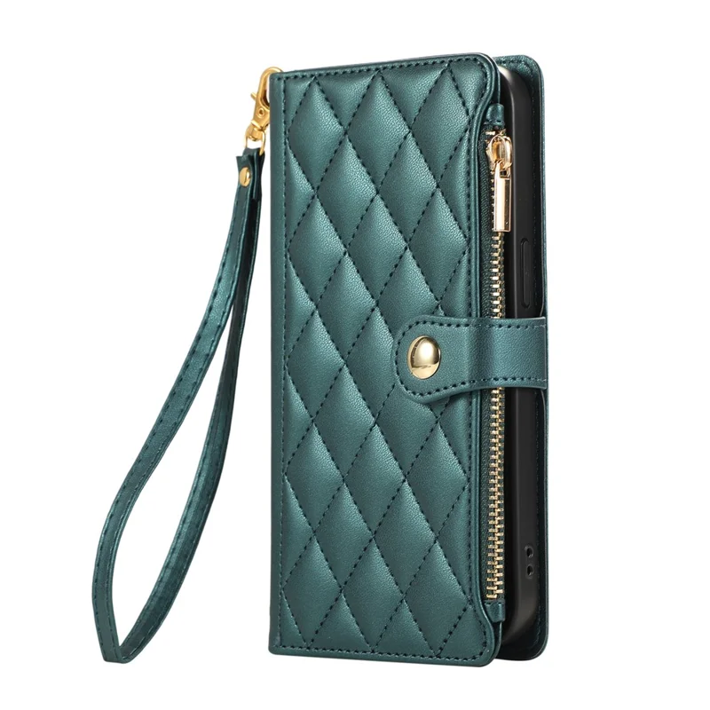 For Google Pixel 8a Case Multi Card Slots Zipper Rhombus Leather Phone Cover with Wrist Strap - Green