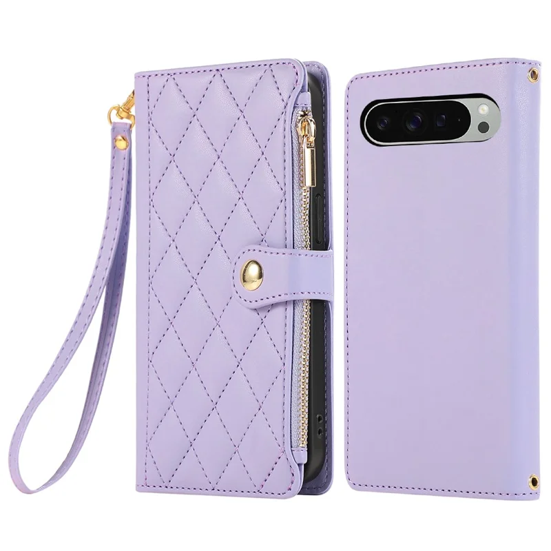 Cover per Google Pixel 9 Pro XL con Multi Slot per Carte, Cerniera a Rombi in Pelle, Cinturino da Polso - Viola
