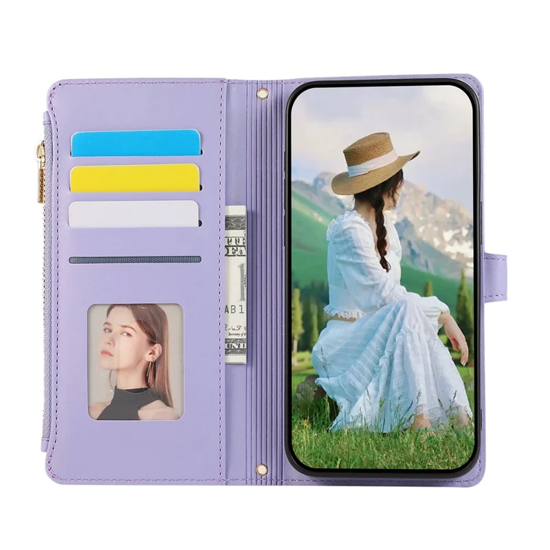 Cover per Google Pixel 9 Pro XL con Multi Slot per Carte, Cerniera a Rombi in Pelle, Cinturino da Polso - Viola