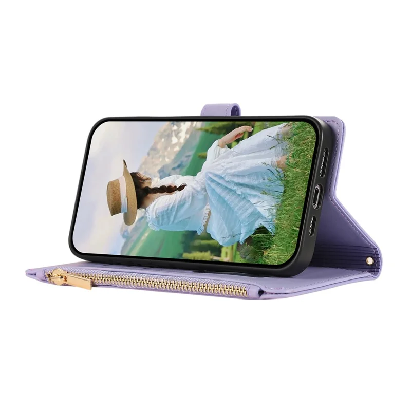 Cover per Google Pixel 9 Pro XL con Multi Slot per Carte, Cerniera a Rombi in Pelle, Cinturino da Polso - Viola
