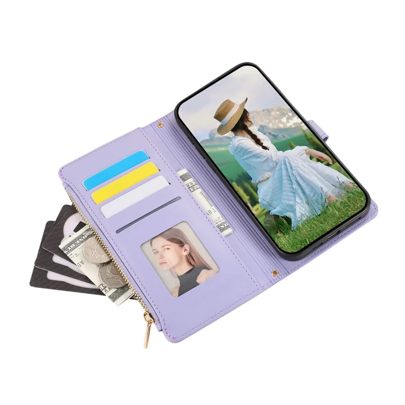 Cover per Google Pixel 9 Pro XL con Multi Slot per Carte, Cerniera a Rombi in Pelle, Cinturino da Polso - Viola
