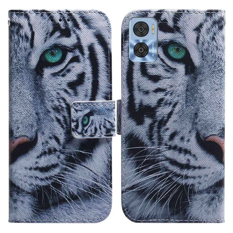 Per Motorola Moto E22 4G / E22i 4G PU Leather Pattern Printing Flip Cover Wallet Stand Magnetic Closure Folio Phone Case - Tiger Head