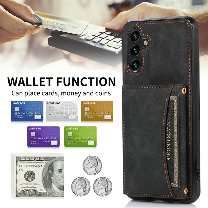 For Samsung Galaxy A56 5G Phone Case Tri-Fold Wallet Kickstand PU Leather + TPU Back Cover - Black