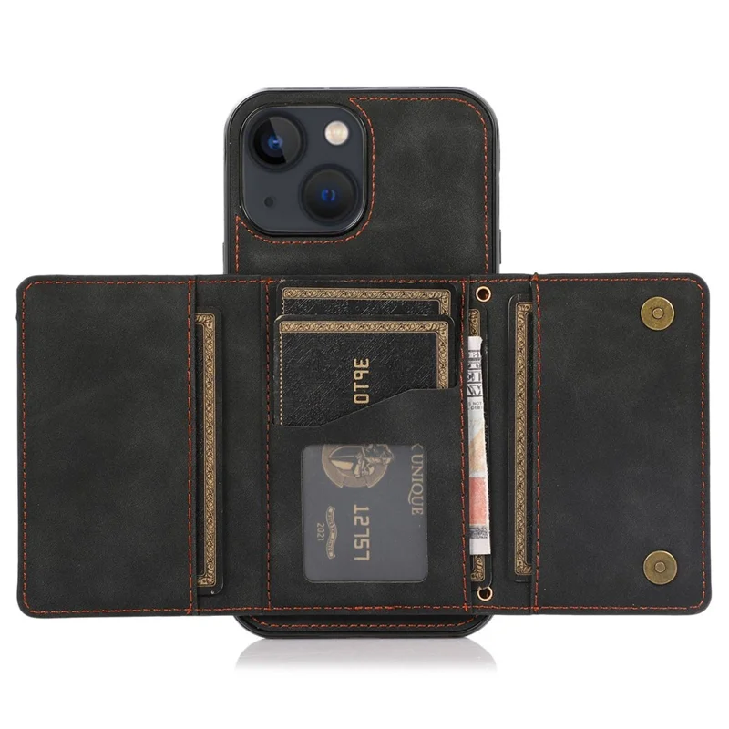 For iPhone 15 Phone Case Tri-Fold Wallet Kickstand PU Leather + TPU Back Cover - Black