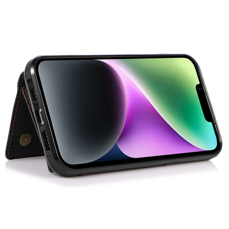 For iPhone 15 Phone Case Tri-Fold Wallet Kickstand PU Leather + TPU Back Cover - Black
