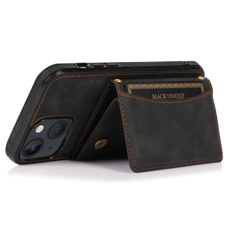 For iPhone 15 Phone Case Tri-Fold Wallet Kickstand PU Leather + TPU Back Cover - Black