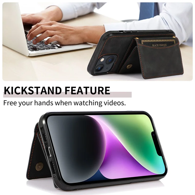 For iPhone 15 Phone Case Tri-Fold Wallet Kickstand PU Leather + TPU Back Cover - Black