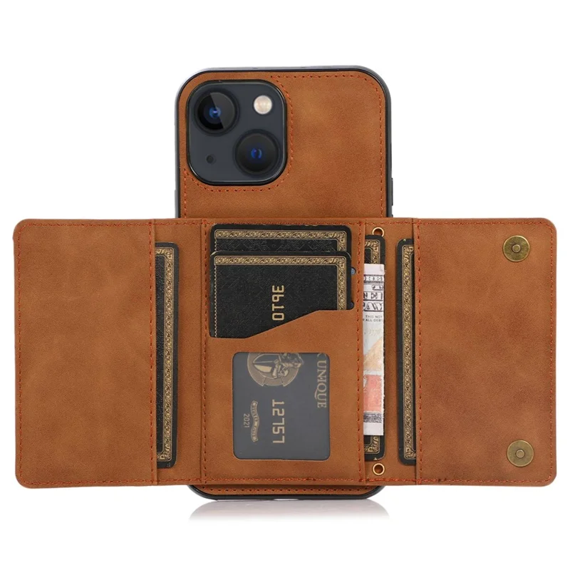 For iPhone 15 Phone Case Tri-Fold Wallet Kickstand PU Leather + TPU Back Cover - Brown