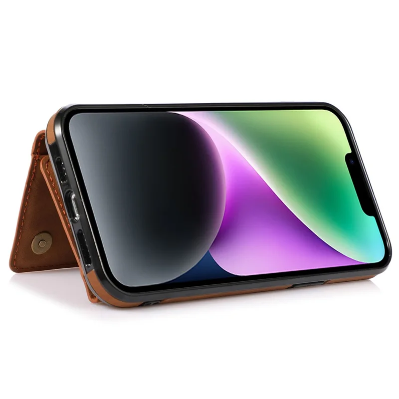 For iPhone 15 Phone Case Tri-Fold Wallet Kickstand PU Leather + TPU Back Cover - Brown