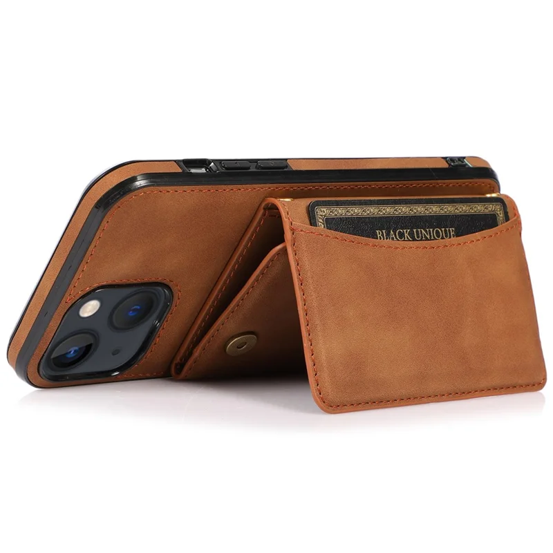 For iPhone 15 Phone Case Tri-Fold Wallet Kickstand PU Leather + TPU Back Cover - Brown