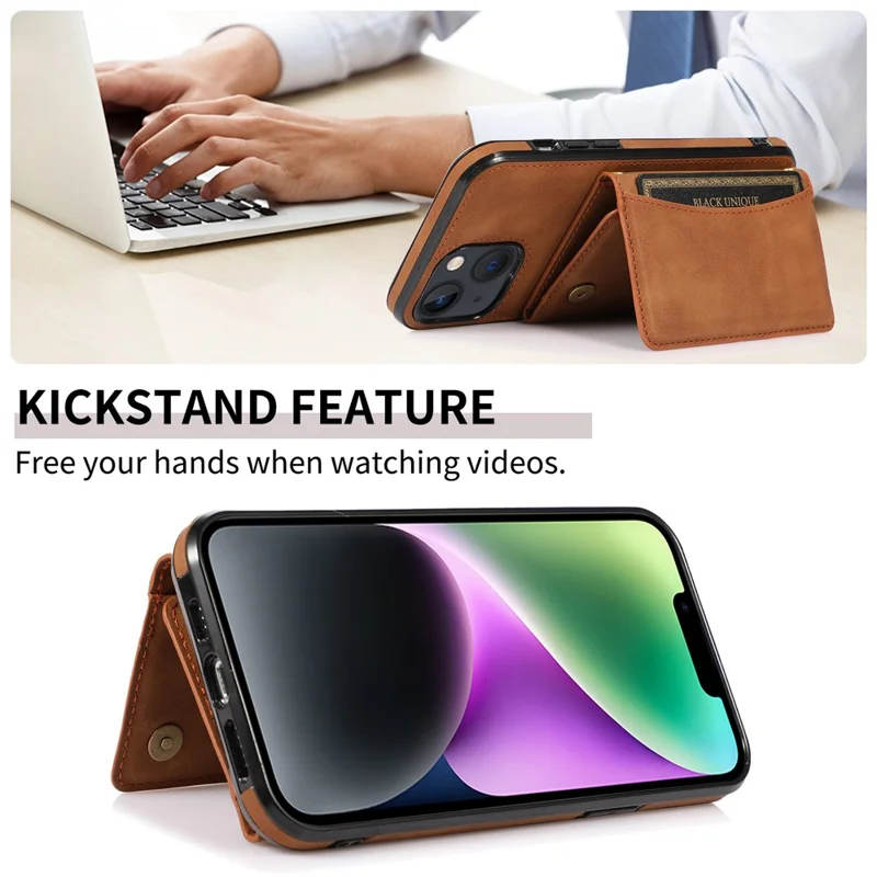 For iPhone 15 Phone Case Tri-Fold Wallet Kickstand PU Leather + TPU Back Cover - Brown