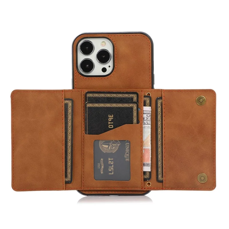 For iPhone 15 Pro Phone Case Tri-Fold Wallet Kickstand PU Leather + TPU Back Cover - Brown