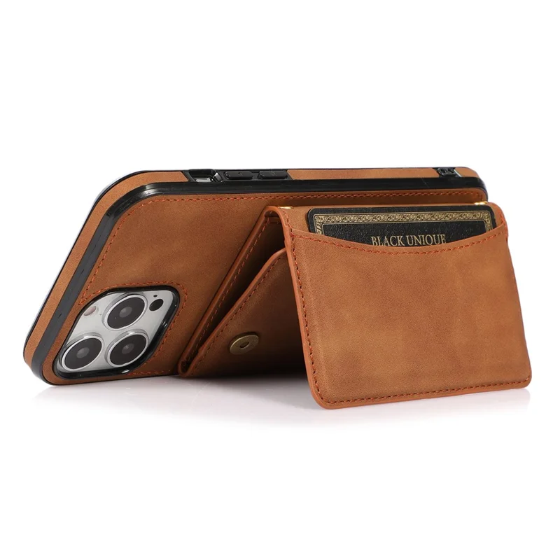 For iPhone 15 Pro Max Phone Case Tri-Fold Wallet Kickstand PU Leather + TPU Back Cover - Brown