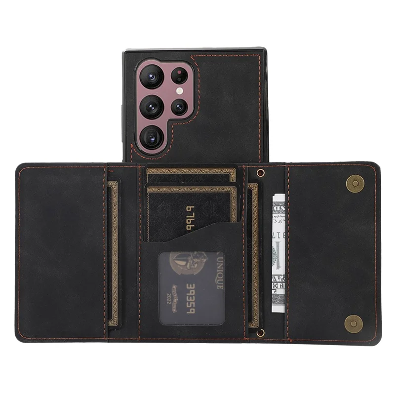 For Samsung Galaxy S24 Ultra Phone Case Tri-Fold Wallet Kickstand PU Leather + TPU Back Cover - Black