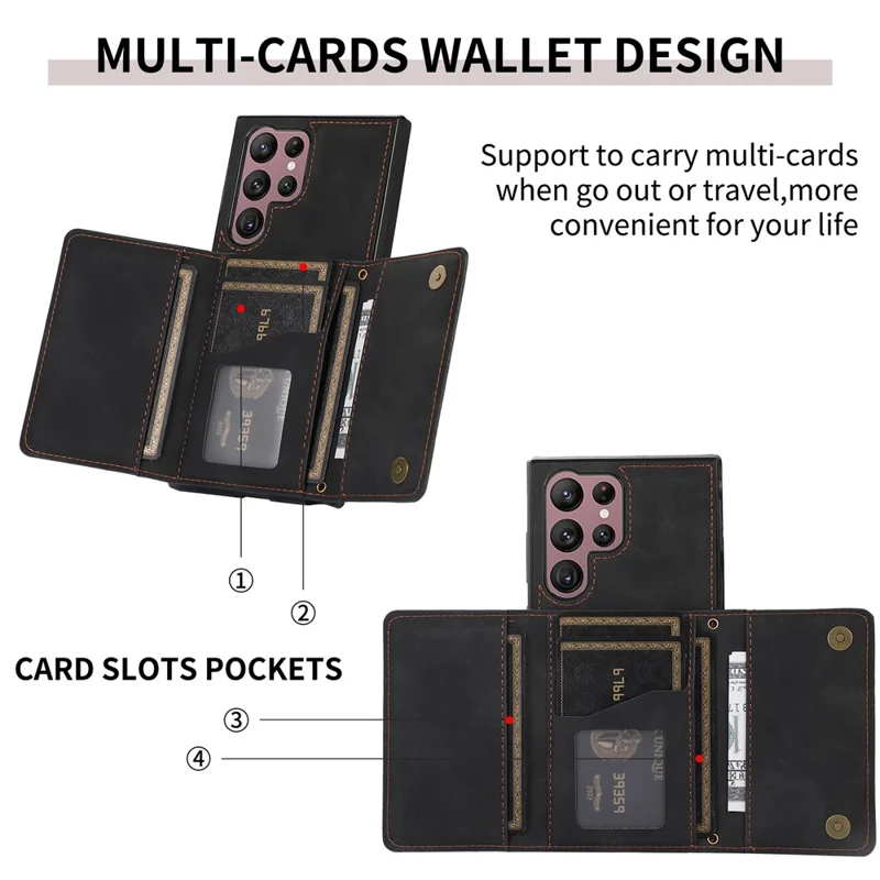 For Samsung Galaxy S24 Ultra Phone Case Tri-Fold Wallet Kickstand PU Leather + TPU Back Cover - Black