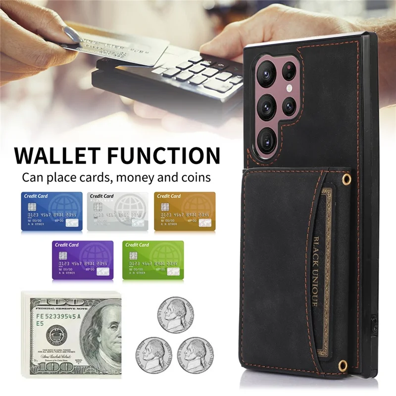 For Samsung Galaxy S24 Ultra Phone Case Tri-Fold Wallet Kickstand PU Leather + TPU Back Cover - Black