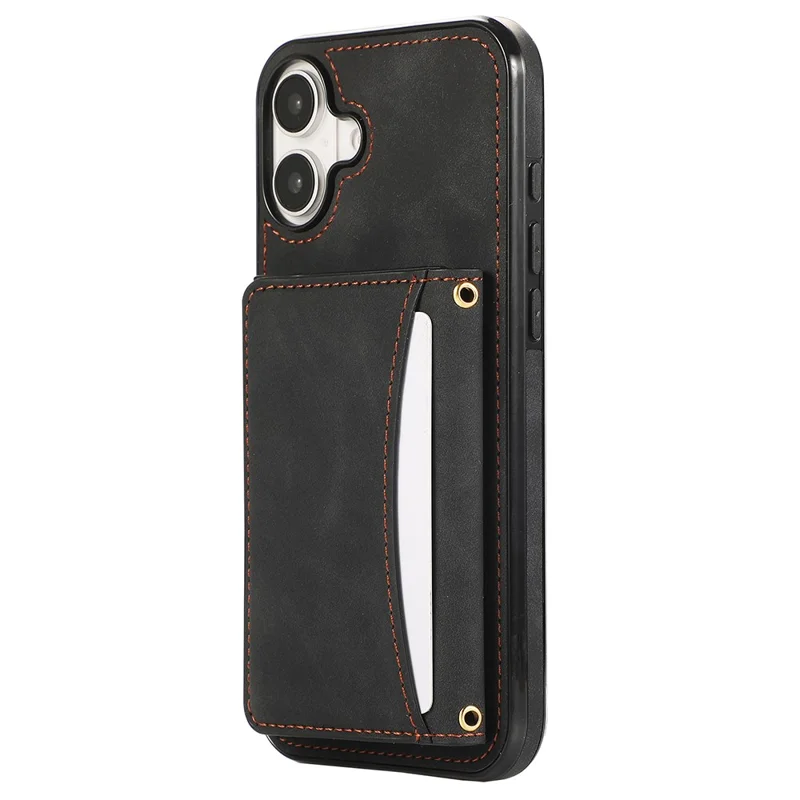 For iPhone 16 Phone Case Tri-Fold Wallet Kickstand PU Leather + TPU Back Cover - Black